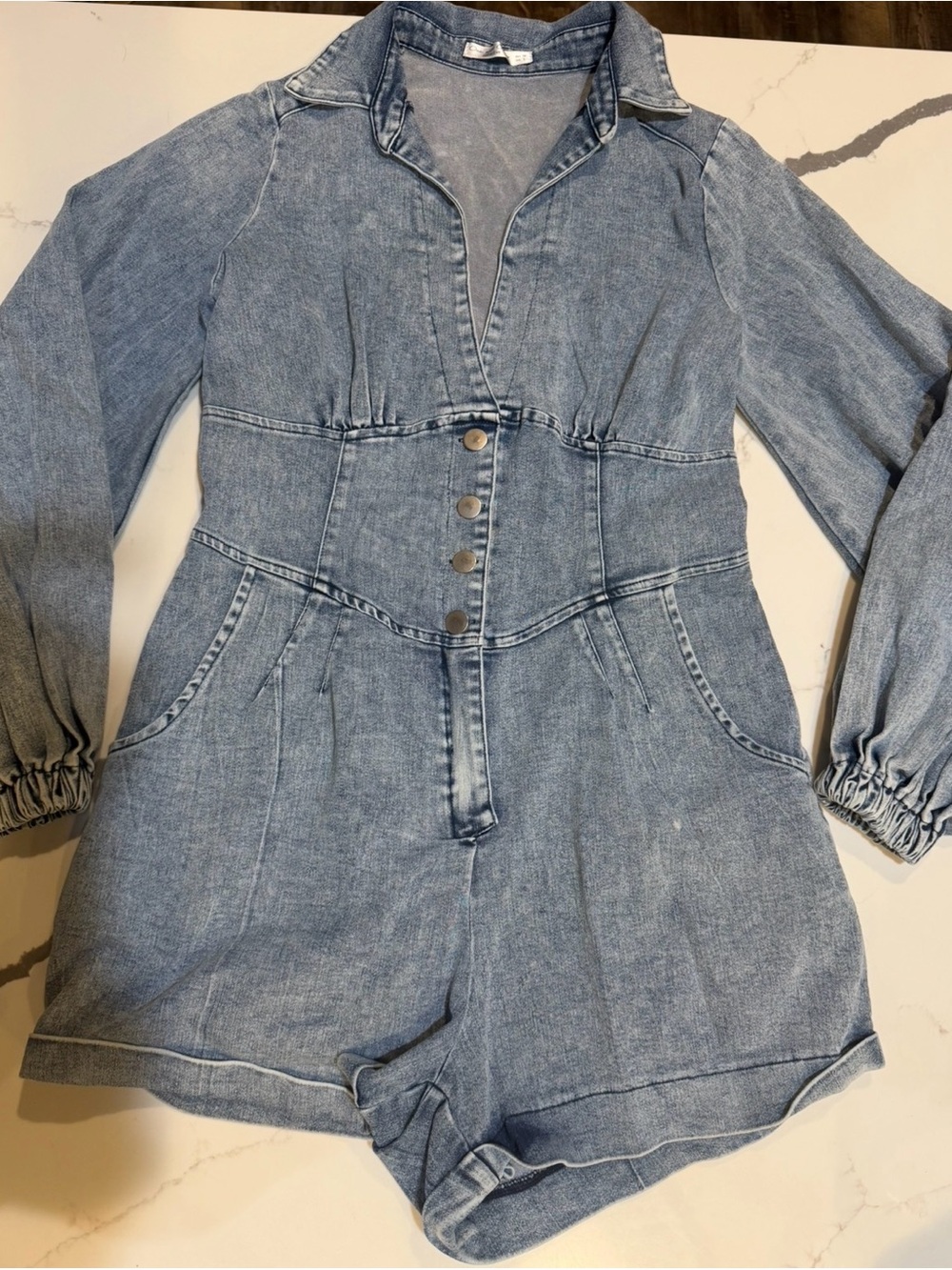 One and Only Light Blue Denim Long-Sleeve Romper Jumpsuit